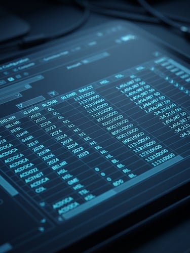 High-fidelity macro screenshot of S/4HANA ledger configuration interface, cool-toned ambient light, neon blue and slate terminal colors, sharp focus on database tables