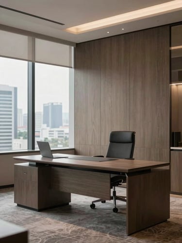 Clean, modern office interior in Kuningan, Jakarta, with a sleek desk and a view of the city, soft professional lighting, elegant and structured editorial style, no people, shallow depth of field.