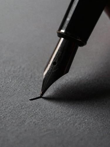 Extreme close-up of a fountain pen nib drawing a high-contrast black line on textured paper, dramatic studio lighting, deep shadows, 35mm film grain.
