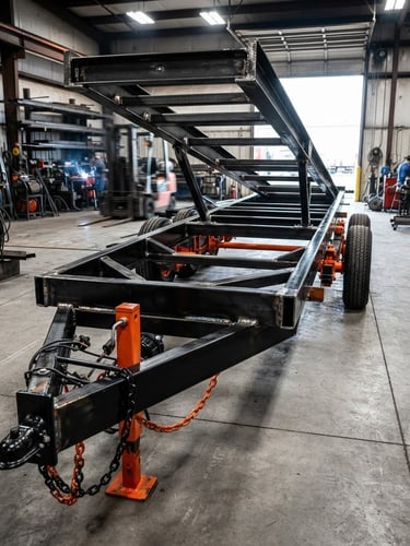 Low-angle heroic shot of a heavy-duty utility trailer chassis on a clean workshop floor, dramatic industrial lighting highlighting steel welds, high-contrast black and orange tones, sharp focus