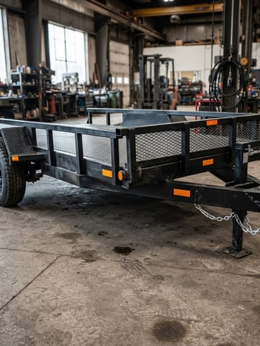 Low-angle heroic shot of a heavy-duty steel utility trailer with matte black finish and high-visibility safety orange reflectors, parked on a concrete industrial workshop floor, hard daylight highlights on welds.