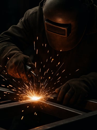 Close-up of a professional welder working on a steel trailer frame, bright orange sparks flying, dark industrial workshop background, high-contrast lighting, sharp focus, 50mm lens