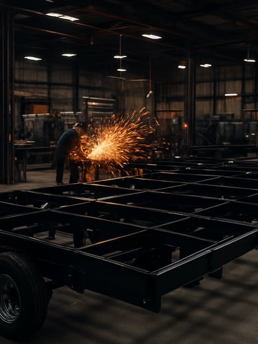 Wide shot of a modern trailer manufacturing facility, sparks flying from a welding station in the background, a row of newly painted black trailer chassis in the foreground, industrial lighting.