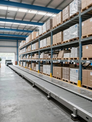 Wide-angle, daylight-balanced shot of a modern, highly organized logistics warehouse with clean steel shelving, automated sorting tracks, and cool blue architectural lines.