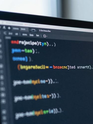 Close-up of clean code on a dark screen, soft blue ambient light, shallow depth of field, 35mm