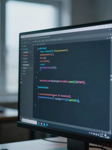 Close-up of clean code on a vertical monitor in a dimly lit room, soft cool blue ambient window light, shallow depth of field, 35mm