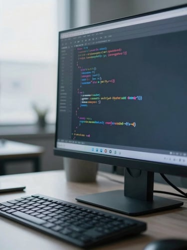 A close-up of clean code on a monitor in a cool slate-toned workspace, shallow depth of field, 35mm
