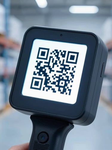 Macro shot of a high-resolution handheld scanner displaying a modern QR code in a clean, soft-focused warehouse environment, cool blue tones.