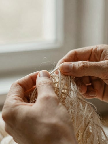 Close-up of skilled hands gently weaving unbleached wool fibers into a support, soft diffused window light, focus on texture and detail, warm earthy tones, shallow depth of field, 35mm