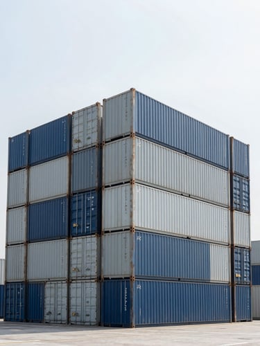 Wide architectural shot of a modern shipping port container terminal under crisp overcast daylight, cool-toned, high-contrast, structured tech grid feel