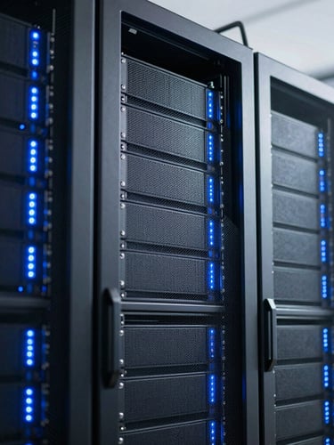 Modern server rack glowing with cool blue LED lights, sharp focus, 35mm, high-contrast tech-minimalism
