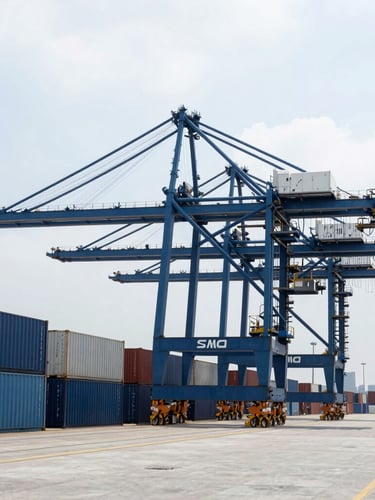 Crisp cool-toned daylight wide shot of a modern shipping port container terminal, massive blue cranes, overcast sky, sharp focus, 35mm
