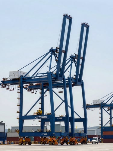 Crisp cool-toned daylight shot of a modern automated container terminal with towering blue cranes, sharp focus, 35mm