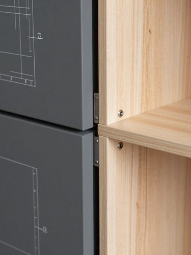 Architectural close-up of a graphite cabinet joint with light oak interior, showing precise hardware alignment, technical blueprint lines overlay, sharp focus, natural side-light