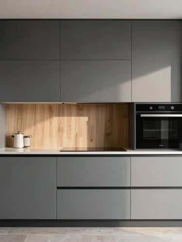 Architectural straight-on shot of a luxury modern kitchen with graphite cabinets and light oak accents, soft natural side-light, sharp focus, 35mm lens