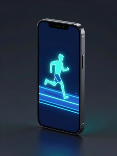 Sleek digital 3D render of a dark smartphone displaying a vibrant neon runner game, isometric perspective, high-contrast studio lighting with cyber-teal highlights against a dark atmospheric background