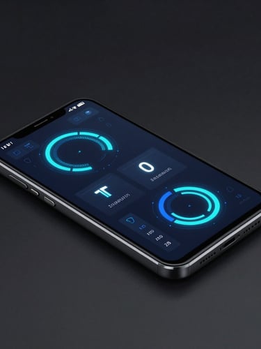 Sleek digital 3D render of a high-contrast Android device mockup showing a dark minimalist utility dashboard with vibrant neon blue and cyber teal metrics, sharp focus, isometric perspective