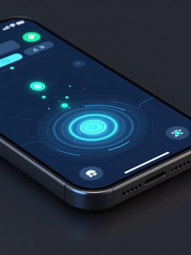 Macro shot of a high-fidelity mobile game interface on an angled phone screen, neon blue and cyber-teal particles glowing in dark studio lighting, portrait aspect
