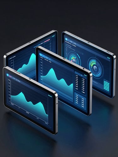 Sleek digital 3D render of multiple connected Android tablet screens displaying real-time performance graphs, neon blue and cyber teal highlights, dark atmospheric background
