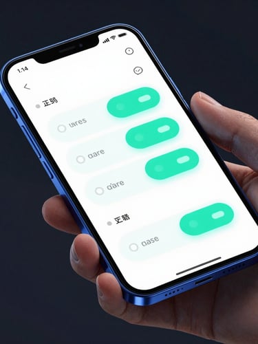 Sleek digital 3D render of a hand holding an Android phone, macro shot of a clean UI layout with glowing teal toggles, dark atmospheric background, sharp focus, isometric perspective