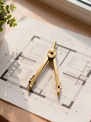 Overhead flat-lay of architectural floor plans with a brass compass and a small green plant, warm morning light casting soft shadows, terracotta and cream tones, 35mm photography
