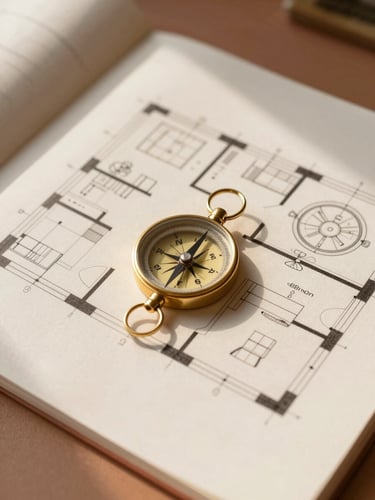 Overhead flat-lay of a modern architectural floor plan with a brass compass, warm morning window light casting soft shadows on a cream surface