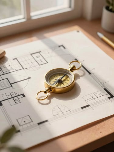 Overhead flat-lay of a modern architectural floor plan with a brass compass, warm morning window light, terracotta accents