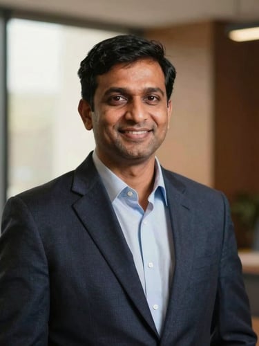 Professional and approachable portrait of an Indian financial advisor, male, smiling reassuringly, in a modern office setting with warm window light, shallow depth of field, 35mm, advisor to the left third of the frame.