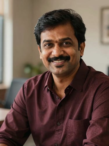 Warm, professional portrait of Sarath Kumar Nadiminti, an Indian man in his 40s, smiling reassuringly, in a softly lit modern office setting, shallow depth of field.