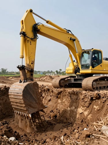 Wide panoramic shot of an 8-ton yellow excavator digging a precise foundation trench, bright high-contrast daylight, operator visible in the cabin, negative space on the left.