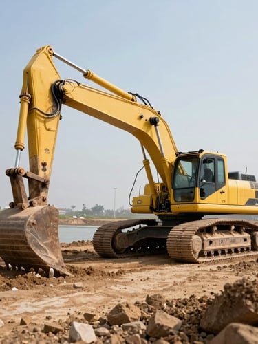 Wide panoramic environmental shot of a 21-ton heavy excavator moving earth for a large pond, bright daylight highlighting the clean yellow machinery, wide horizon.