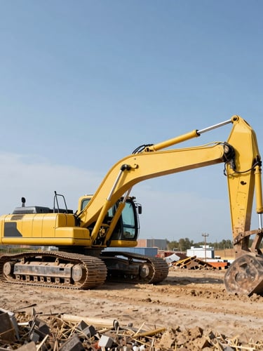 Wide panoramic view of a modern yellow excavator parked on a prepared construction site in Vilnius, bright daylight, clean tracks, expansive sky to the right.