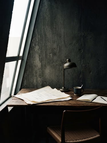 Editorial film photography of a quiet, architectural concrete workspace with deep shadows and sharp window light, tight off-center crop, 50mm lens