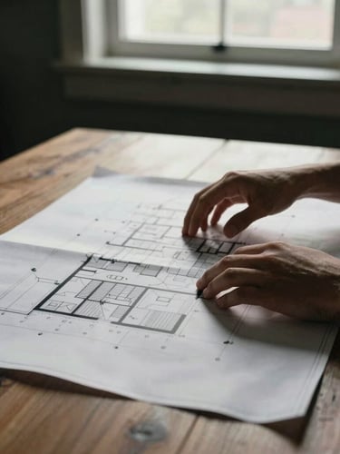 Tight, high-contrast close-up of hands gesturing over architectural blueprints on a heavy oak table, low-key natural window lighting, deep shadows, 50mm editorial film style