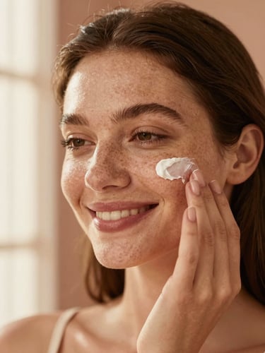 Close-up portrait of a smiling woman with natural freckles applying cream blush, soft diffused golden hour light, warm terracotta background