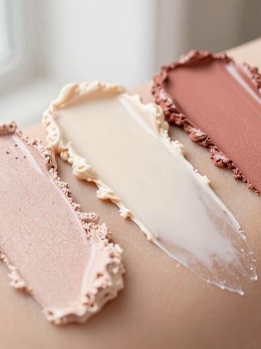 Close-up of warm cream and dusty rose makeup swatches on diverse skin tones, soft natural light, tactile texture.