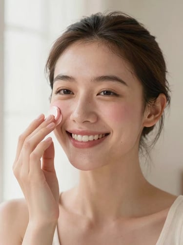 Warm editorial portrait of a smiling creator with natural skin texture applying cream blush, soft diffused natural window light, dusty rose tones, shallow depth of field