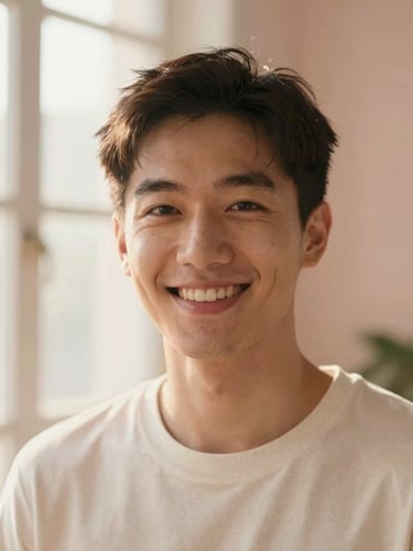 Soft-focus portrait of a smiling creator with natural skin texture, warm golden hour window light, dusty rose background, shallow depth of field.