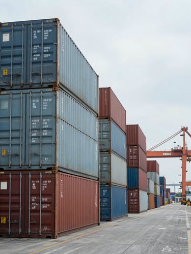 Wide environmental shot of a busy container terminal, steel shipping containers stacked four-high in rows extending into distance, a gantry crane visible at the far right, cool overcast daylight, no people in frame