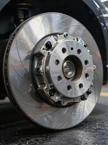 Extreme close-up overhead shot of a polished brake caliper and brake disc assembly laid on a dark metal surface under cool studio strobe lighting, metallic surfaces reflecting clean white highlights, no background clutter
