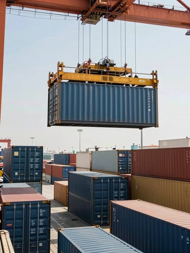 Daylight wide shot of shipping containers being loaded at a Dubai port, crane arm visible upper frame, steel containers in deep rows, natural overhead sky, no people