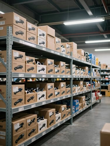 Wide shot of organized warehouse shelving filled with labeled auto spare part boxes, cool fluorescent overhead lighting, steel racking, depth of rows visible in background