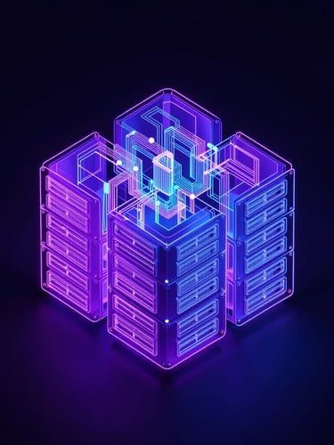 Abstract 3d render of a glowing architectural blueprint of a server stack, neon violet and blue ambient light, dark background, isometric perspective