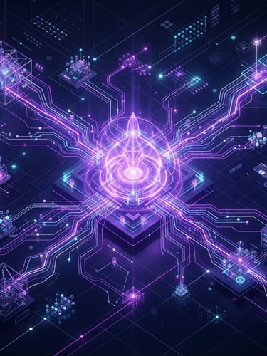 Abstract 3d render of glowing data-flow nodes routing through a central violet nexus, dark navy background, isometric perspective, high-contrast neon accents