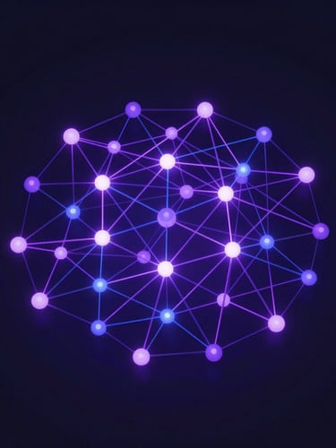 Abstract 3D render of a secure data transfer network, glowing violet and blue lines connecting nodes, dark background, isometric perspective, representing a seamless and independent system handover.