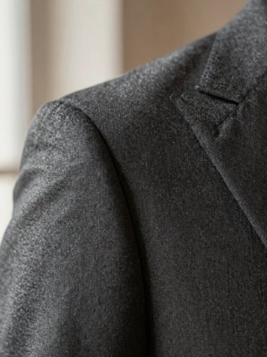 Macro photography of a structured suit shoulder seam, precise hand-finished stitching, premium wool fabric texture, warm gray lighting