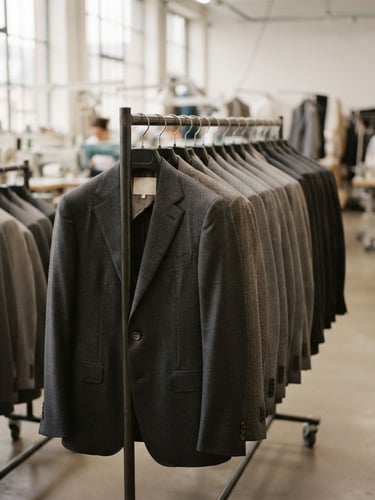 Elegant editorial photography of a modern textile production floor, soft natural window light, muted charcoal and warm gray tones, structured suit jackets hanging in a row, shallow depth of field, 35mm