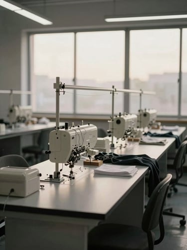 Architectural clean view of a modern apparel production floor, organized sewing lines, soft diffused daylight, warm gray tones, professional atmosphere