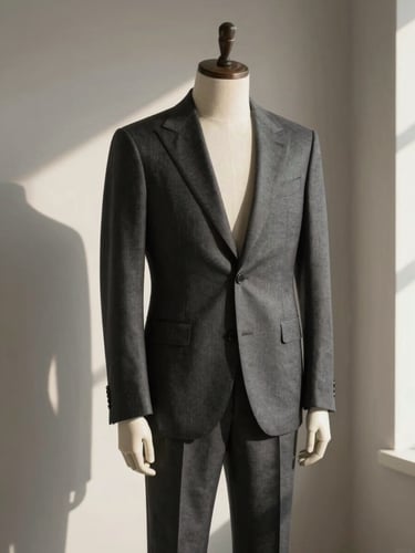 Structured charcoal suit on a minimalist mannequin, soft architectural shadows, elegant warm gray studio background, editorial menswear photography