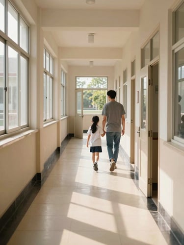 Wide environmental shot of a school corridor in warm morning light, a parent and child walking together toward an open classroom door, natural daylight streaming from high windows, medium-wide framing showing institutional scale